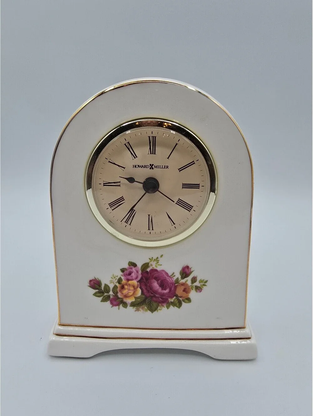 Vintage Howard Miller Floral Ceramic Mantel Clock with Gold Trim